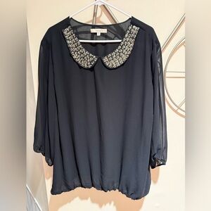 Sejour Black Chiffon Blouse with Jeweled Peter Pan Collar Size 22W